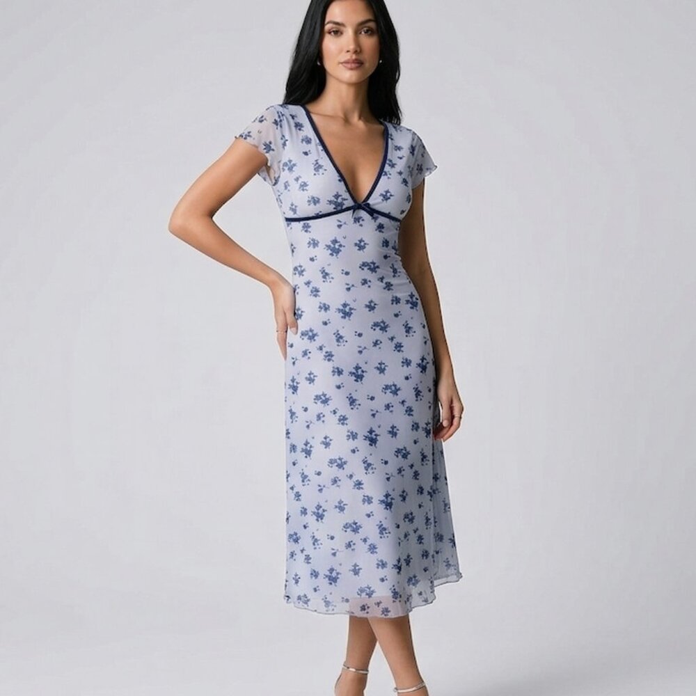 Romantic Short Sleeve Blue Floral Mesh Midi Dress